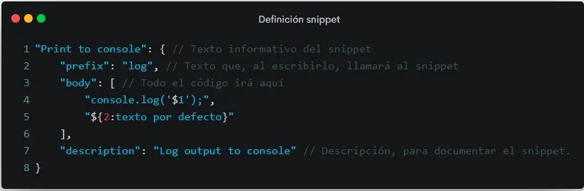 Ejemplo de creación de snippet en VSCode